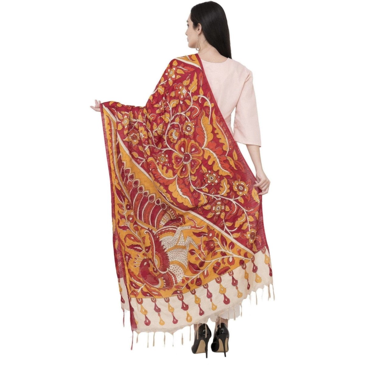 A R Silk Modal Kalamkari Print Orange Colour Fancy Dupatta | Grocsy