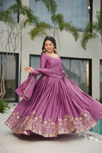 Vastranavya Lavender Chinnon with Embroidery Zari Sequins Work Gown | Grocsy