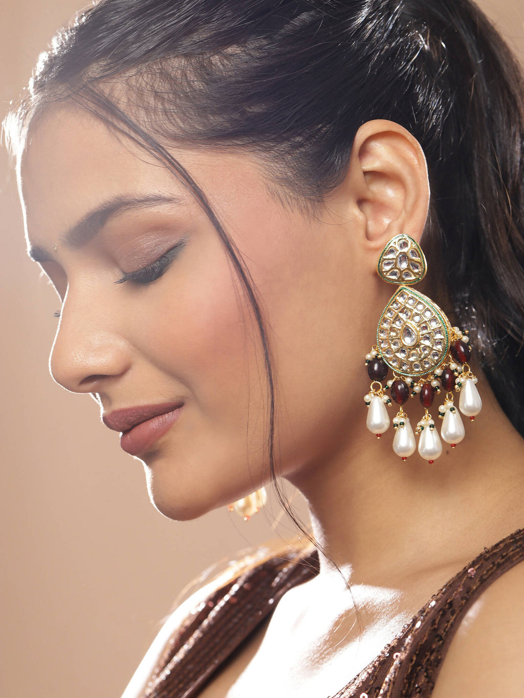 Gold-Toned White Kundan Contemporary Gold-Polished Jhumkas Earrings - Ruby Raang | Grocsy