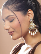 Gold-Toned White Kundan Contemporary Gold-Polished Jhumkas Earrings - Ruby Raang | Grocsy