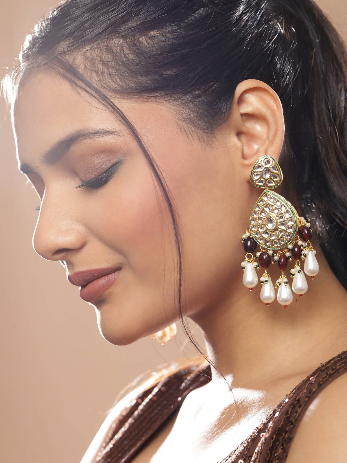 Gold-Toned White Kundan Contemporary Gold-Polished Jhumkas Earrings - Ruby Raang | Grocsy