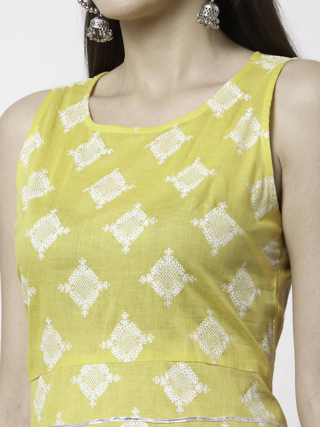 Myshka Yellow Pure Cotton Printed Sleeveless Round Neck Kurta Palazzo Dupatta Set | Grocsy