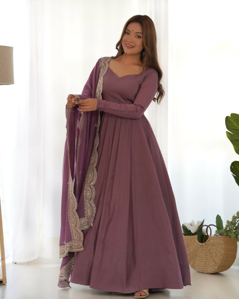Teeya Creation Mauve Color Pure Roman Silk Chanderi Party Wear Fully Stitched Gown | Grocsy