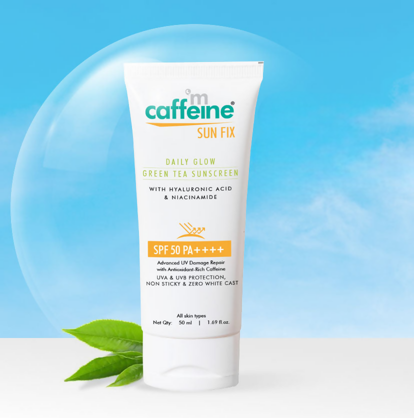 mCaffeine Sun Fix Daily Glow Green Tea Sunscreen SPF 50 PA++++ with Niacinamide, Lightweight & No White Cast | Grocsy