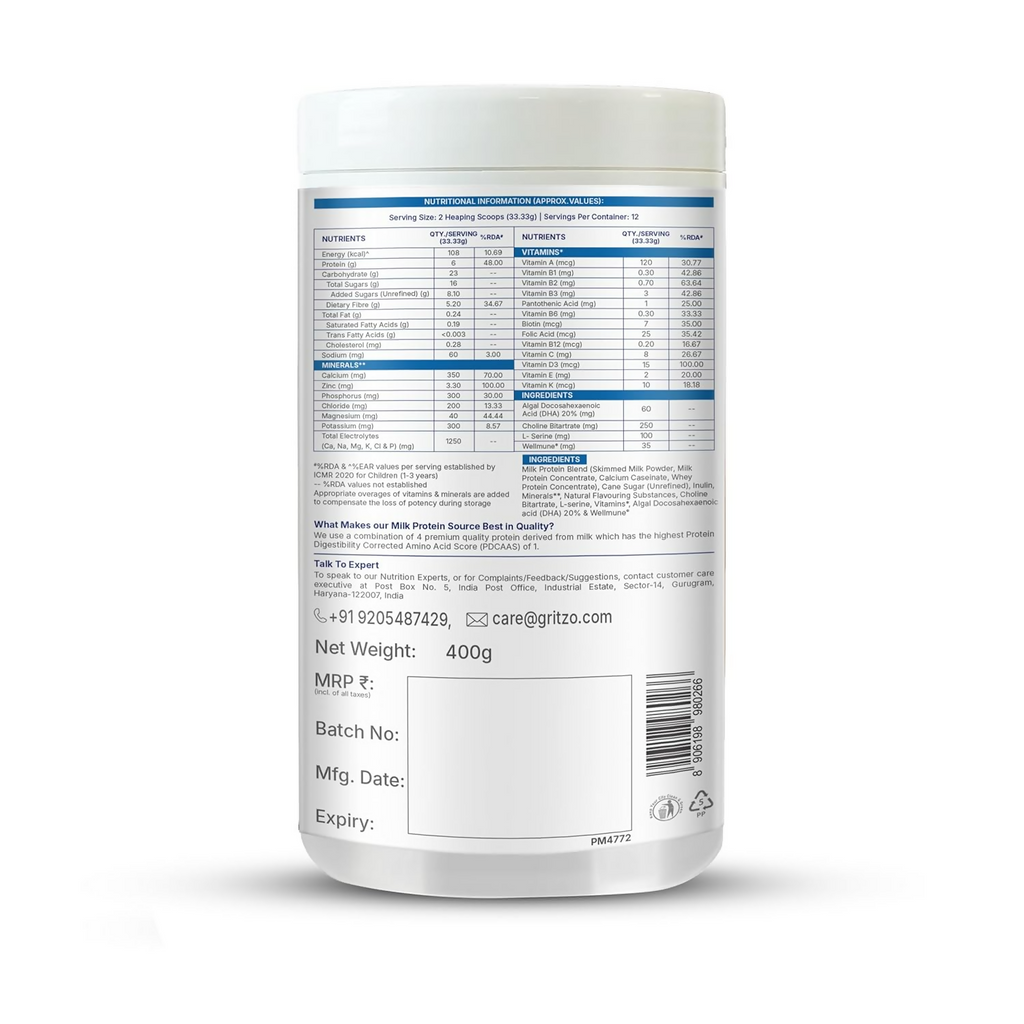Gritzo SuperMilk Overall Growth (2-6y Boy & Girl), 6g Protein Powder (Creamy Vanilla) | Grocsy