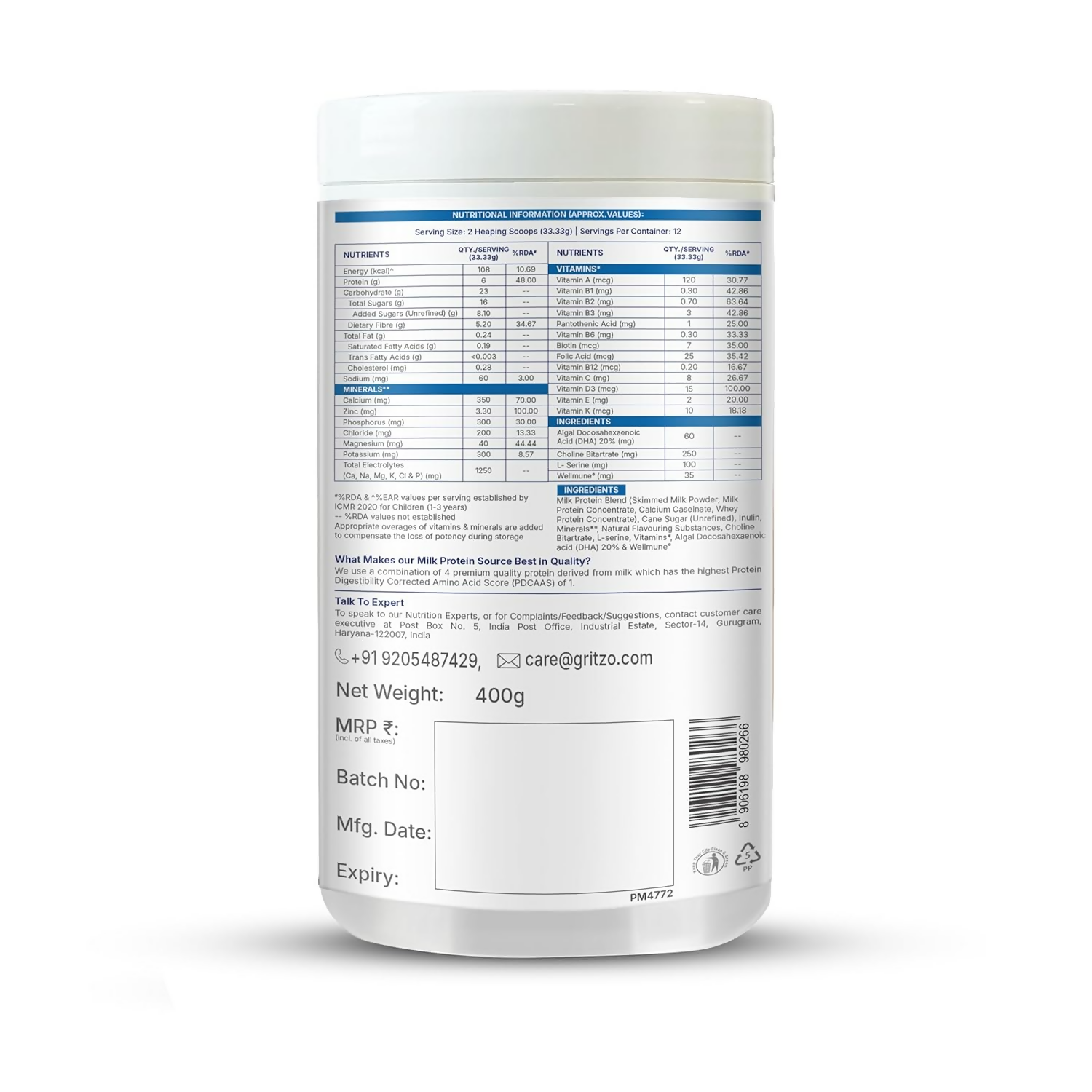 Gritzo SuperMilk Overall Growth (2-6y Boy & Girl), 6g Protein Powder (Creamy Vanilla) | Grocsy