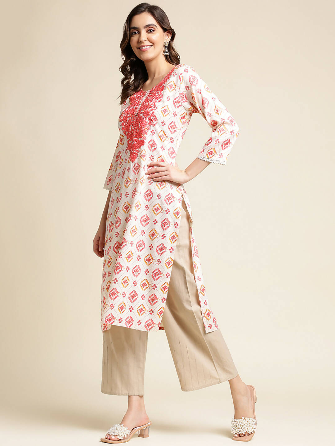 Red Poly Rayon Aztec Printed Straight Fit Kurta - Prasuti | Grocsy