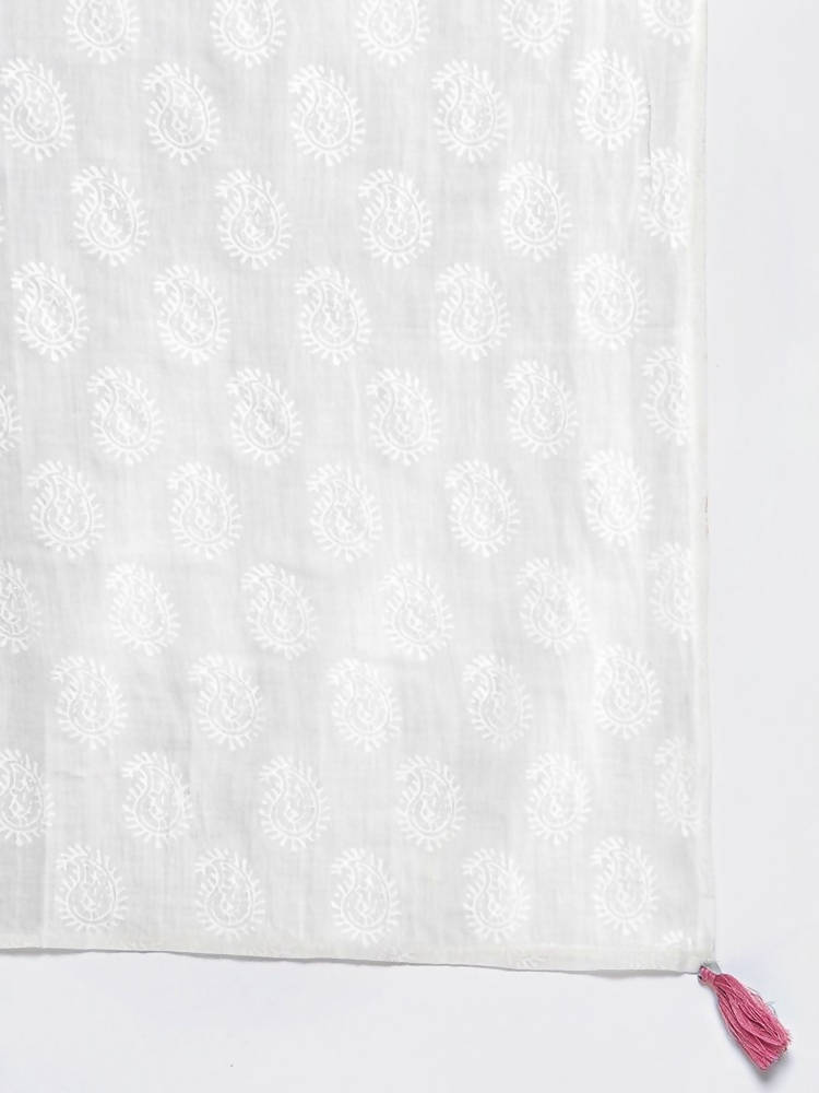 Yufta Pink and White Block Print A-line kurta with Palazzo & Dupatta Set | Grocsy