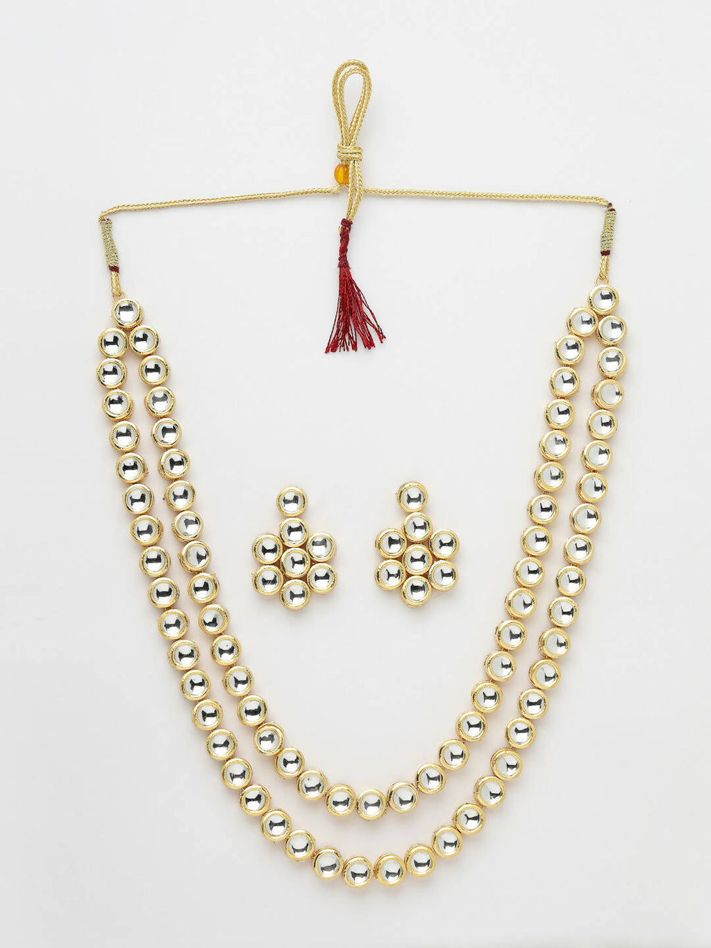NVR Women's Gold-Polished Kundan 2 Layered Handcrafted Jewellery Sets With Drop Earrings | Grocsy
