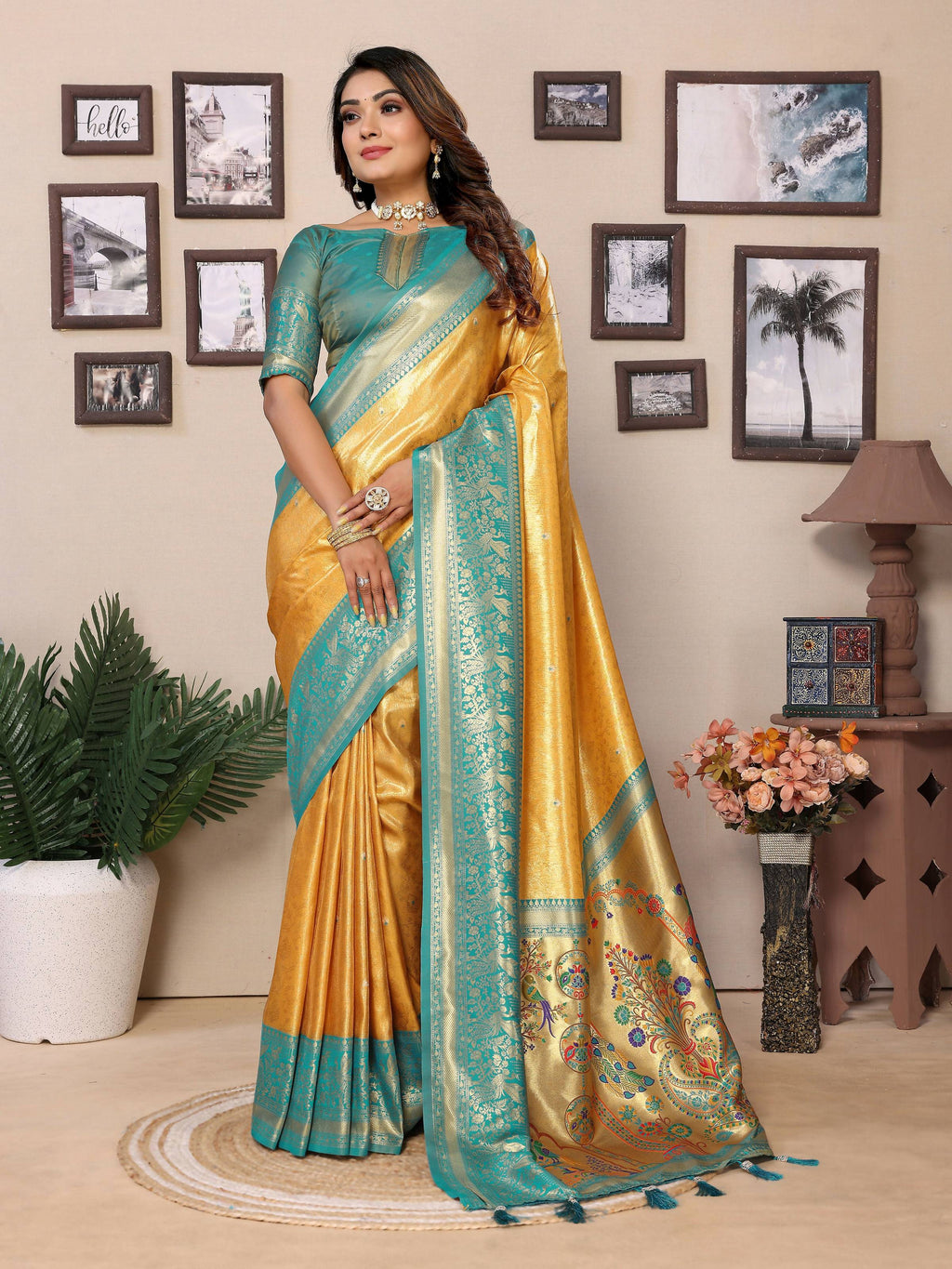 Aastha Fashion Yellow Tissue Silk Weaving Saree | Grocsy