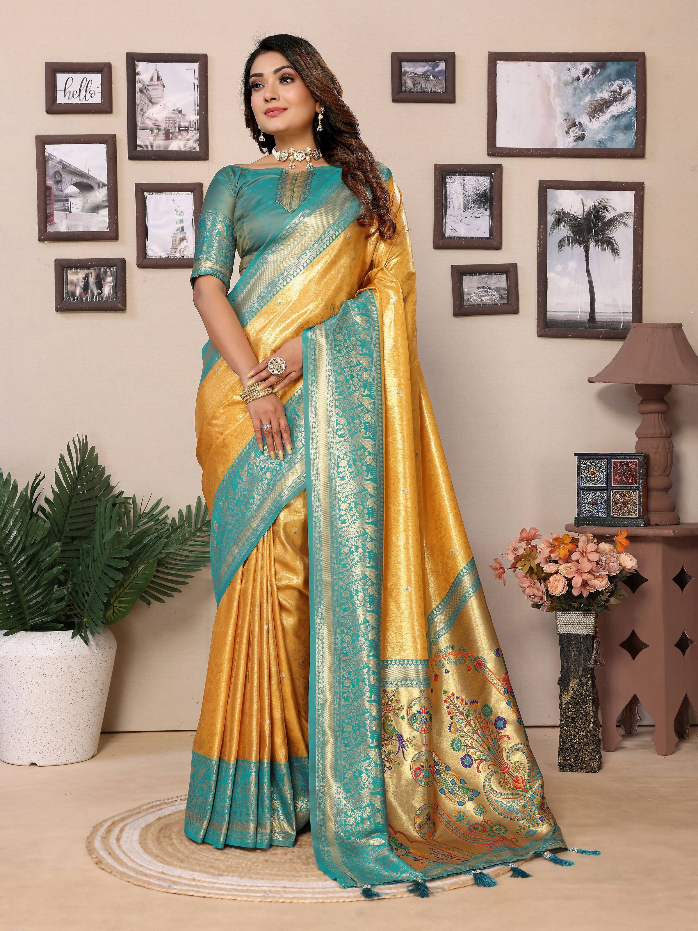 Aastha Fashion Yellow Tissue Silk Weaving Saree | Grocsy