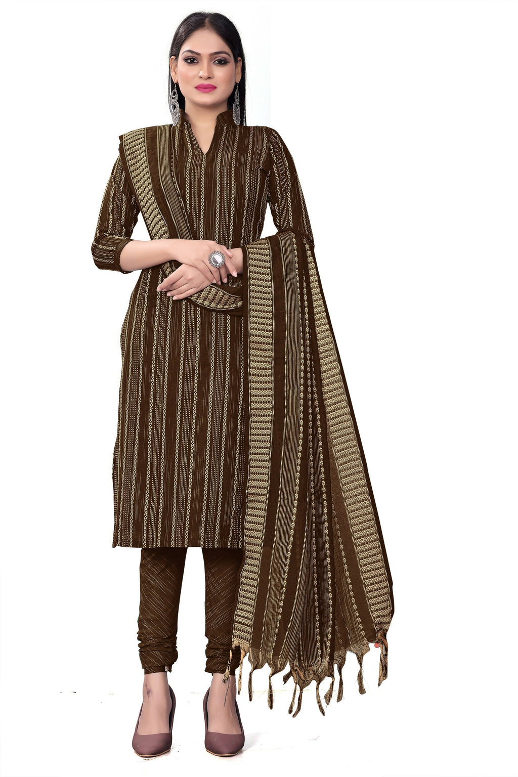 Brown Cotton Jacquard Woven Unstitched Dress Material - Tanvi | Grocsy