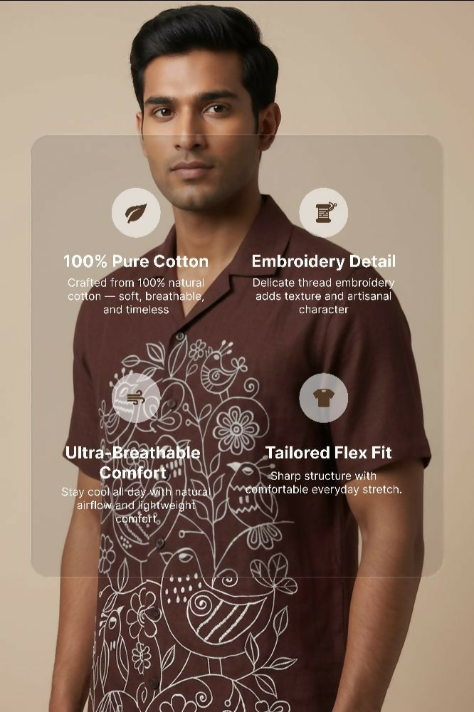 Botan — Brown Embroidered Cotton Shirt by Hilo Design | Grocsy