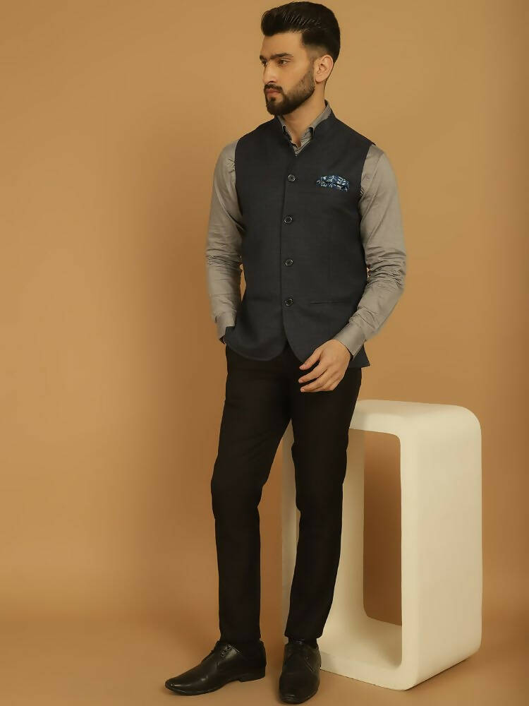 Even Apparels Nehru Jacket With Welt Pockets - Blue | Grocsy