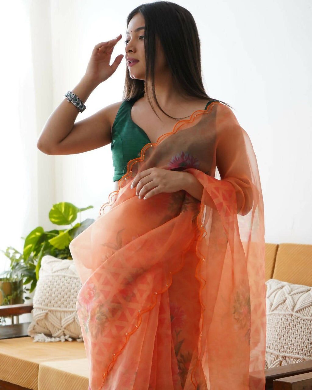Vamsee Orange Organza Saree | Grocsy