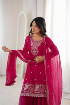 Lehenga Mart Designer Sharara Suit With Kurta, Sharara, Dupatta For Women-Dark Rani | Grocsy