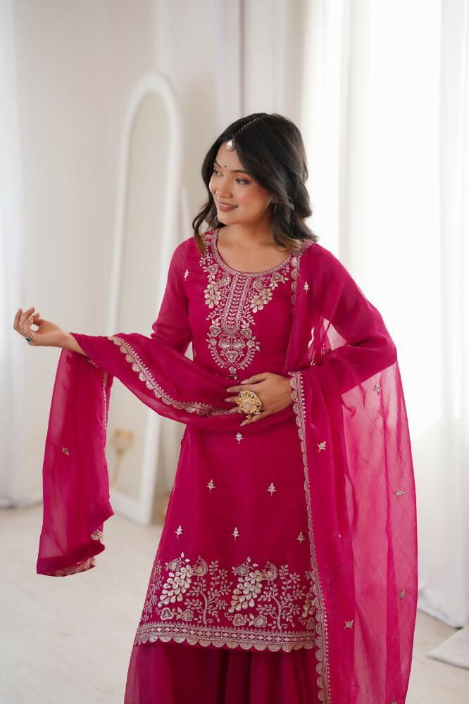 Lehenga Mart Designer Sharara Suit With Kurta, Sharara, Dupatta For Women-Dark Rani | Grocsy