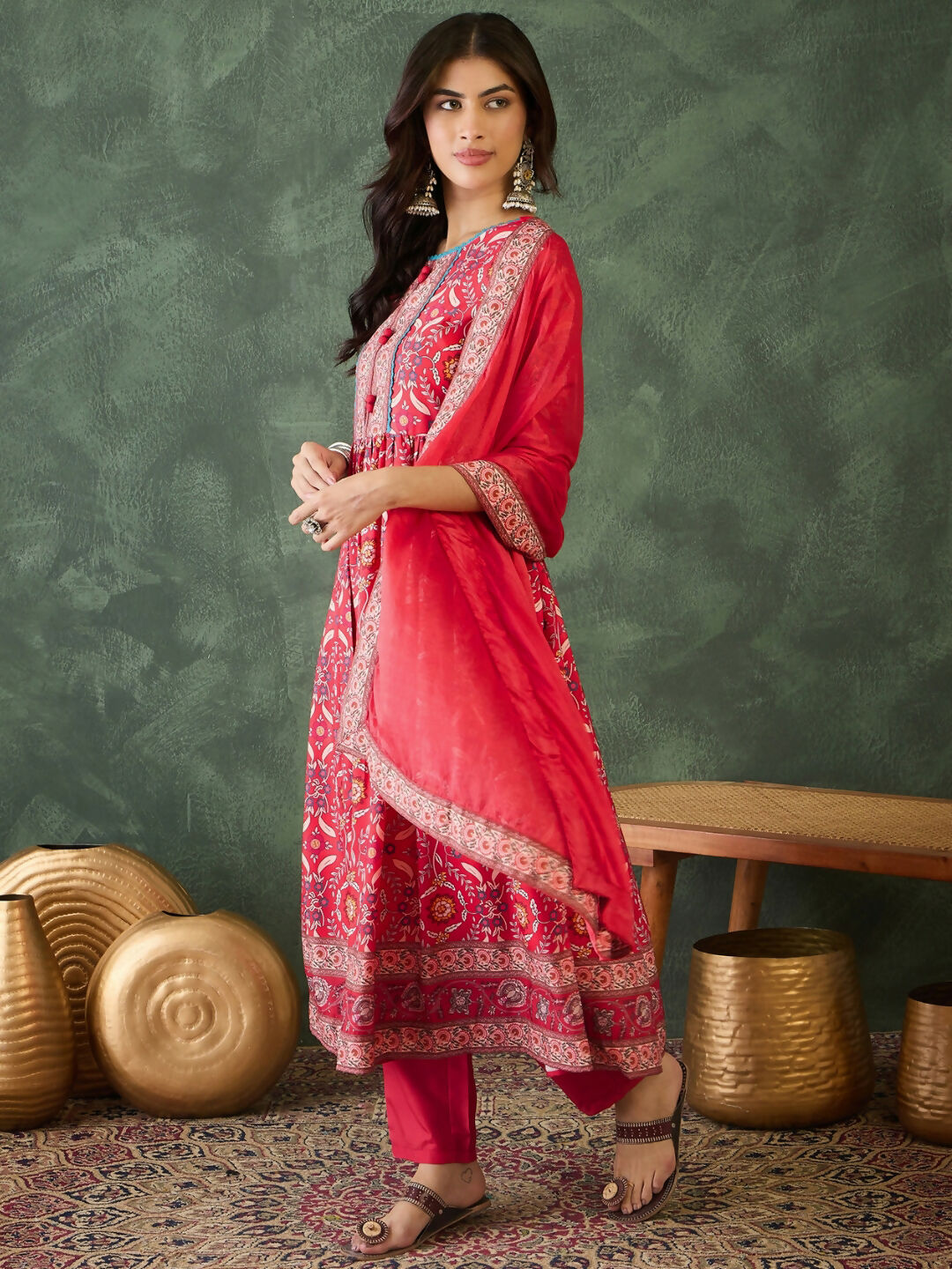 The52 Women's Beautiful Printed Work Rayon Fabric Flared Kurta Pant and Dupatta Set-Red | Grocsy