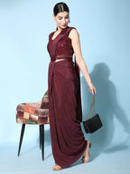 Maroon Imported Crush Lycra Texture Pattern Ready to Wear Saree with stitched Blouse - Nirvana | Grocsy