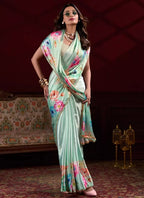 Vastranavya Pista Satin Silk Floral Printed with Pearl Lace Saree with Unstitched Blouse | Grocsy