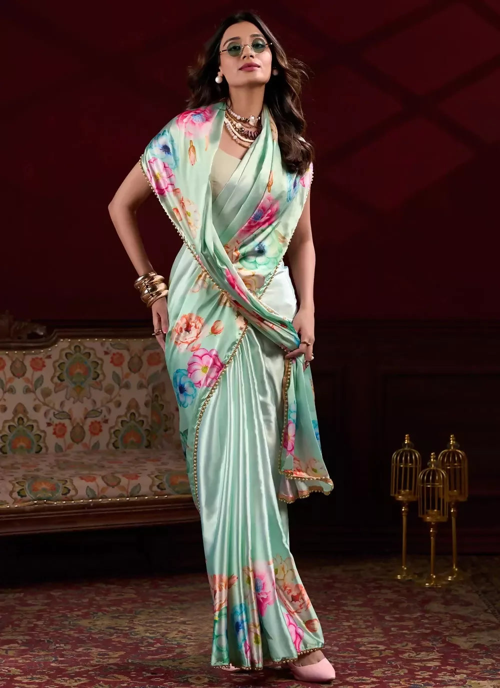 Vastranavya Pista Satin Silk Floral Printed with Pearl Lace Saree with Unstitched Blouse | Grocsy