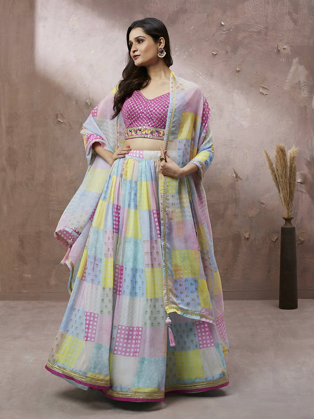 House of Panchhi Turquoise Blue Organza Floral Printed Lehenga choli & Dupatta | Grocsy