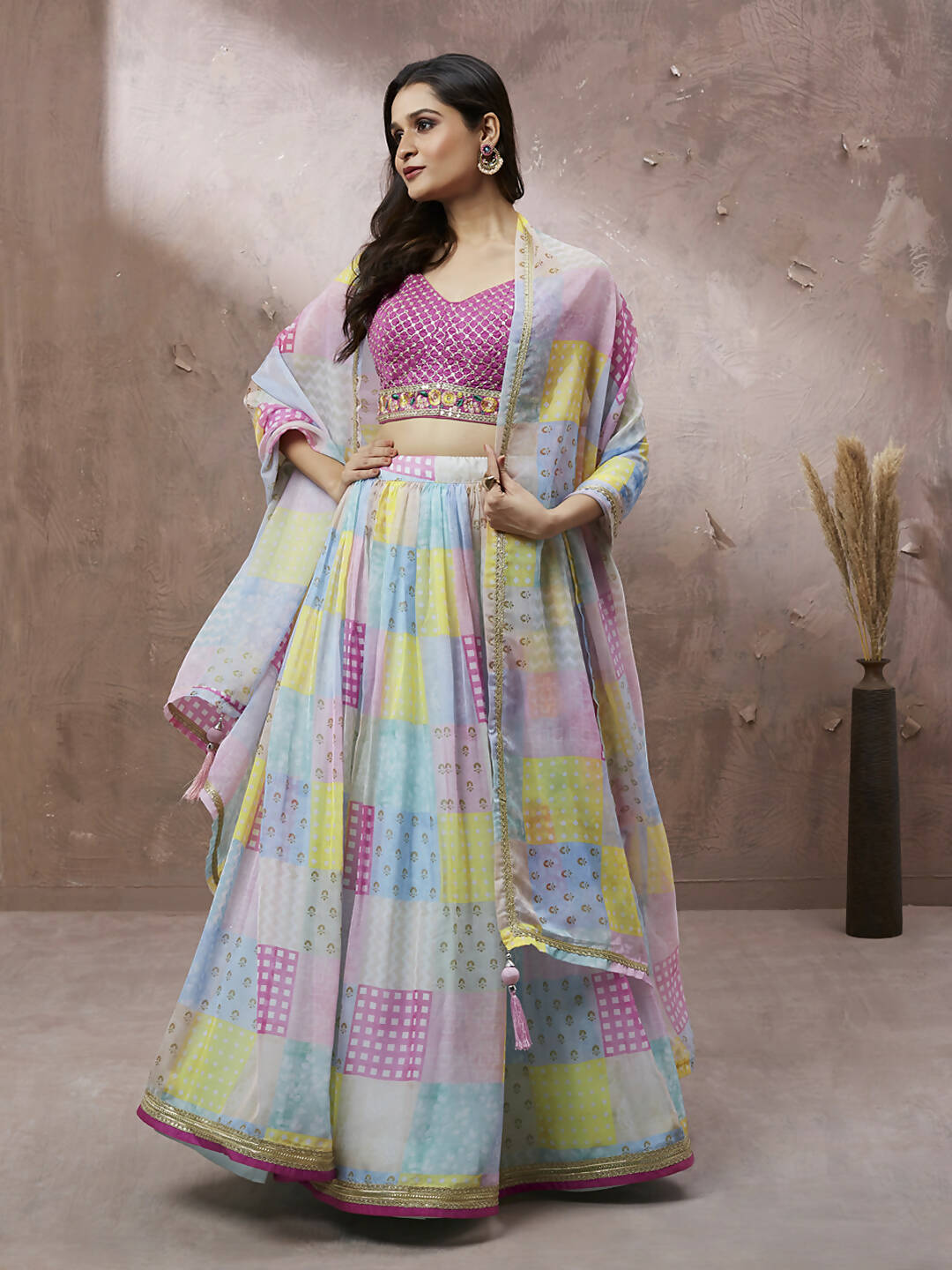 House of Panchhi Turquoise Blue Organza Floral Printed Lehenga choli & Dupatta | Grocsy