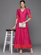 Ahalyaa Women's Pink Chanderi Gold Foil Print Dress | Grocsy