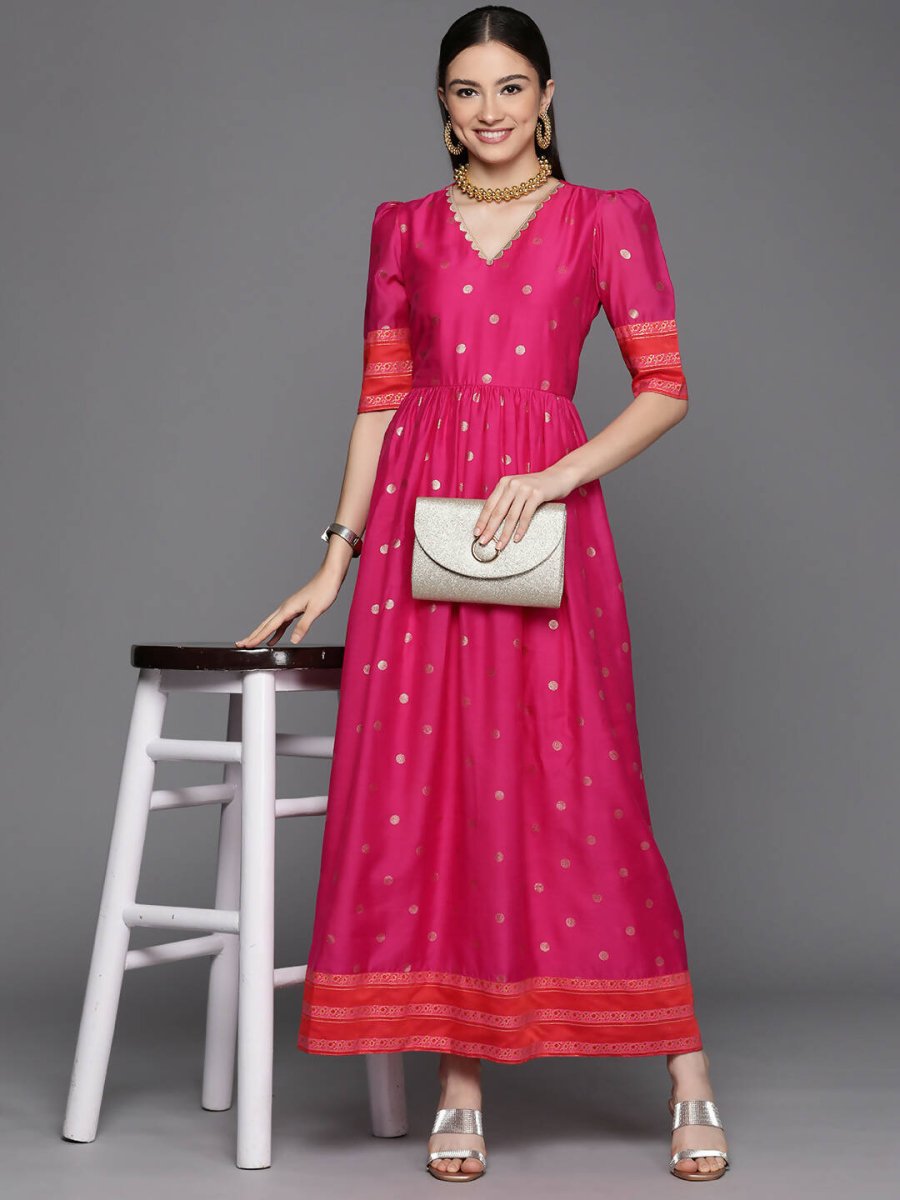 Ahalyaa Women's Pink Chanderi Gold Foil Print Dress | Grocsy