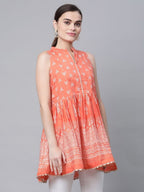 Ahalyaa Women Orange Pure Cotton Porcian Print Tunic | Grocsy