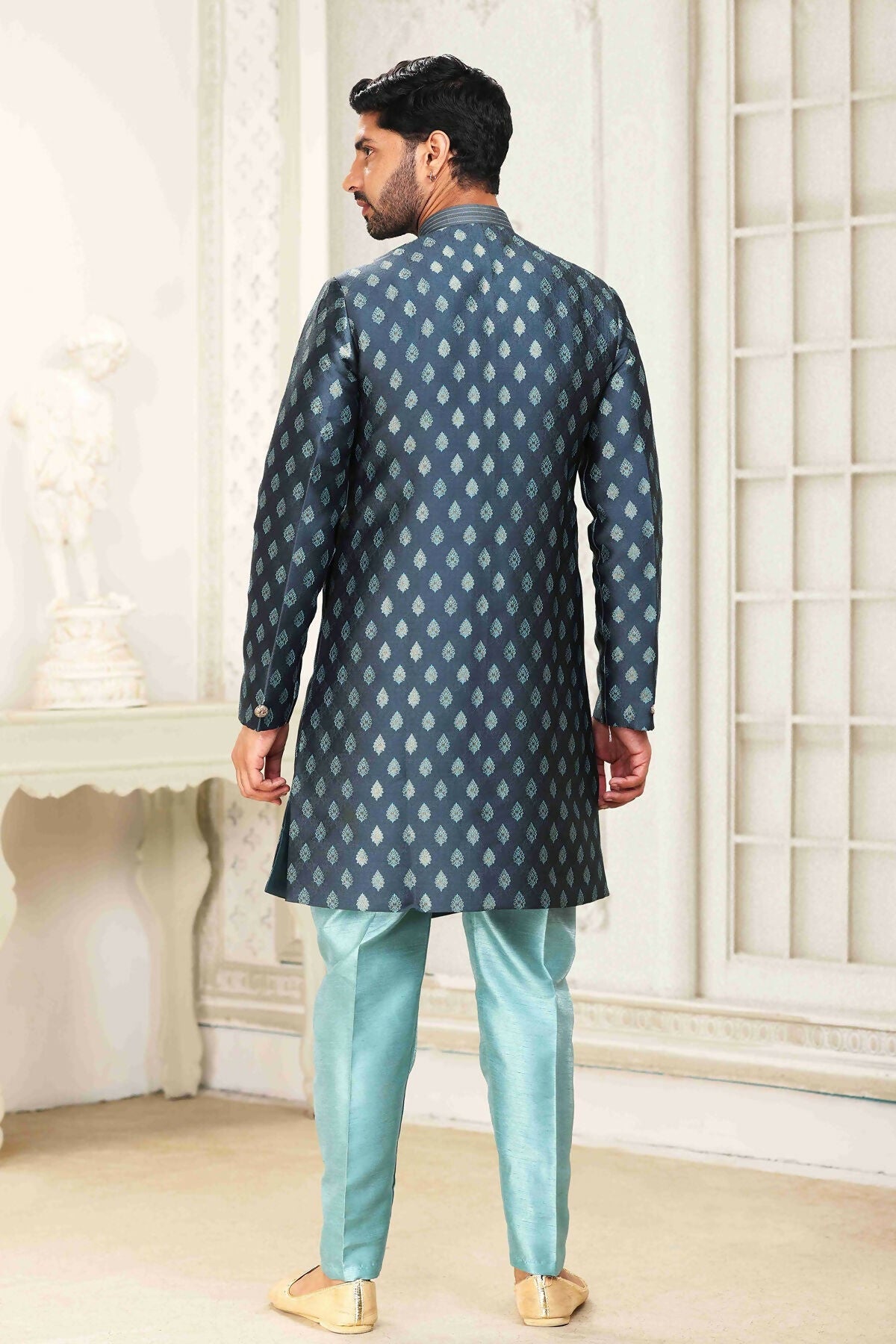 Raivat Ethnic Banarasi Jacquard Embroidery Semi Indo Western Sherwani In Grey Blue Colour | Grocsy