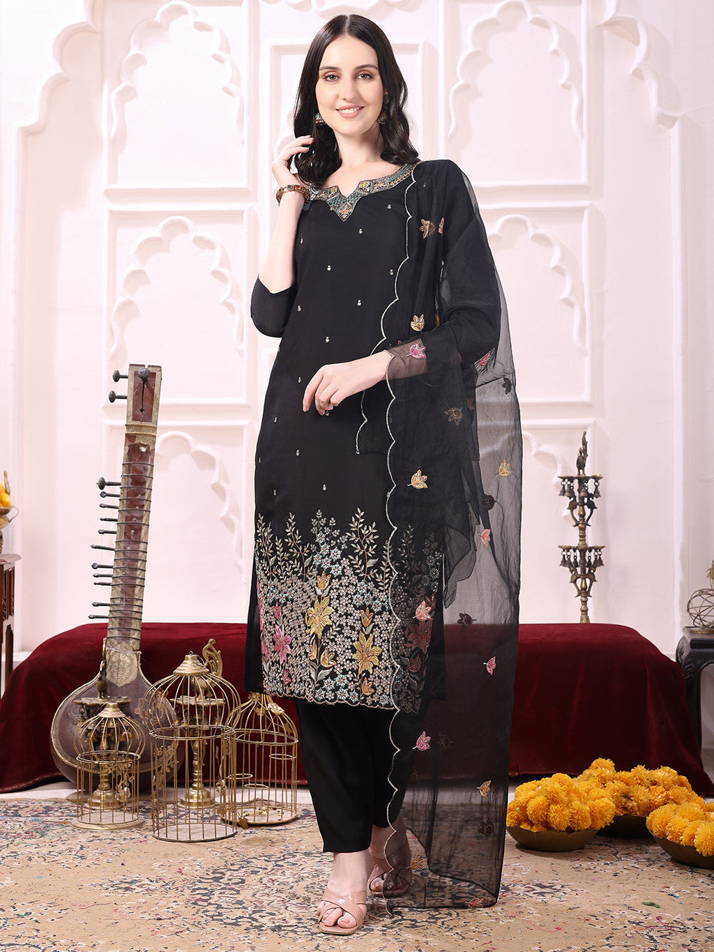 Sequinned & Thread Embroidered Kurta With Pant & Embroidered Dupatta, Black - Hiral Fashion | Grocsy