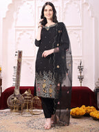 Sequinned & Thread Embroidered Kurta With Pant & Embroidered Dupatta, Black - Hiral Fashion | Grocsy
