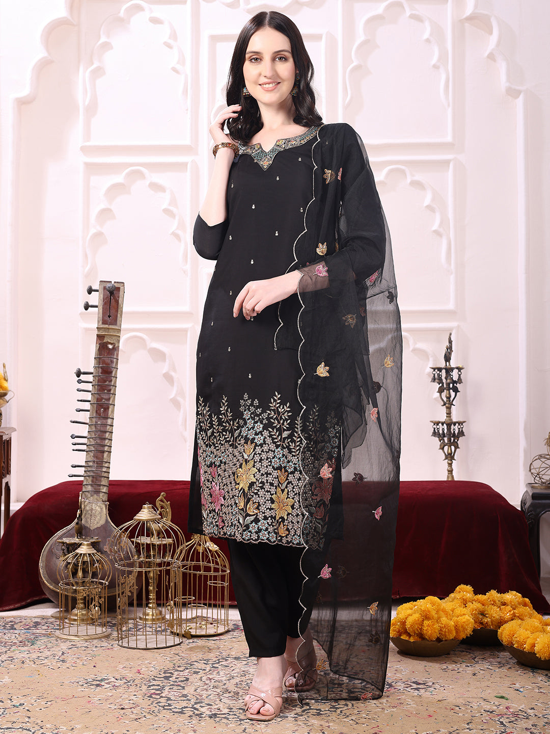 Sequinned & Thread Embroidered Kurta With Pant & Embroidered Dupatta, Black - Hiral Fashion | Grocsy