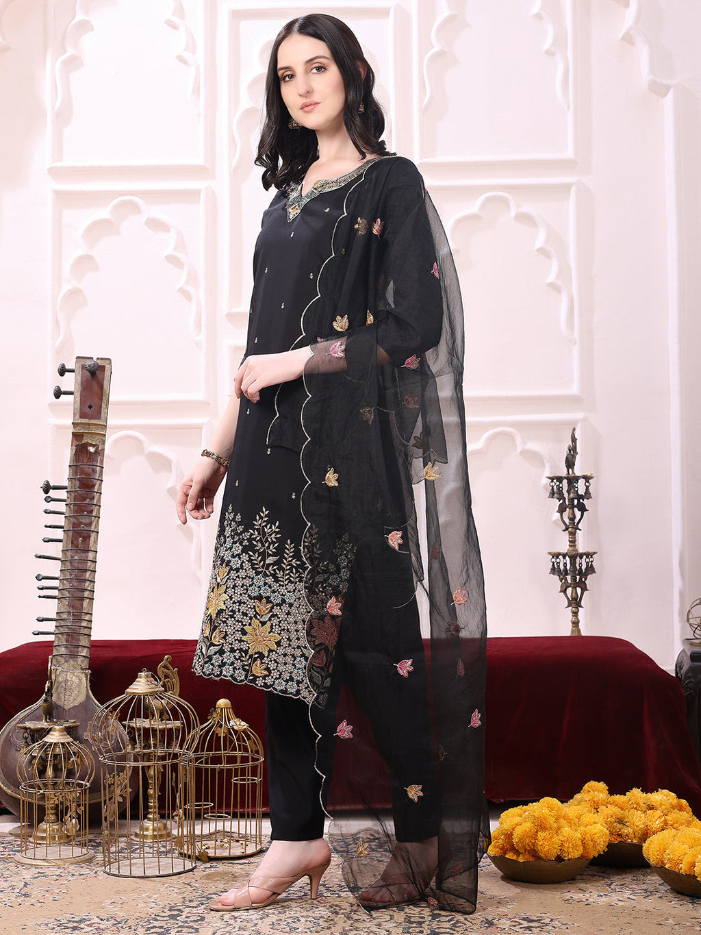 Sequinned & Thread Embroidered Kurta With Pant & Embroidered Dupatta, Black - Hiral Fashion | Grocsy