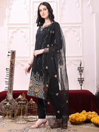 Sequinned & Thread Embroidered Kurta With Pant & Embroidered Dupatta, Black - Hiral Fashion | Grocsy