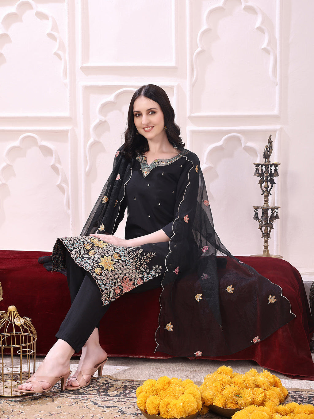 Sequinned & Thread Embroidered Kurta With Pant & Embroidered Dupatta, Black - Hiral Fashion | Grocsy