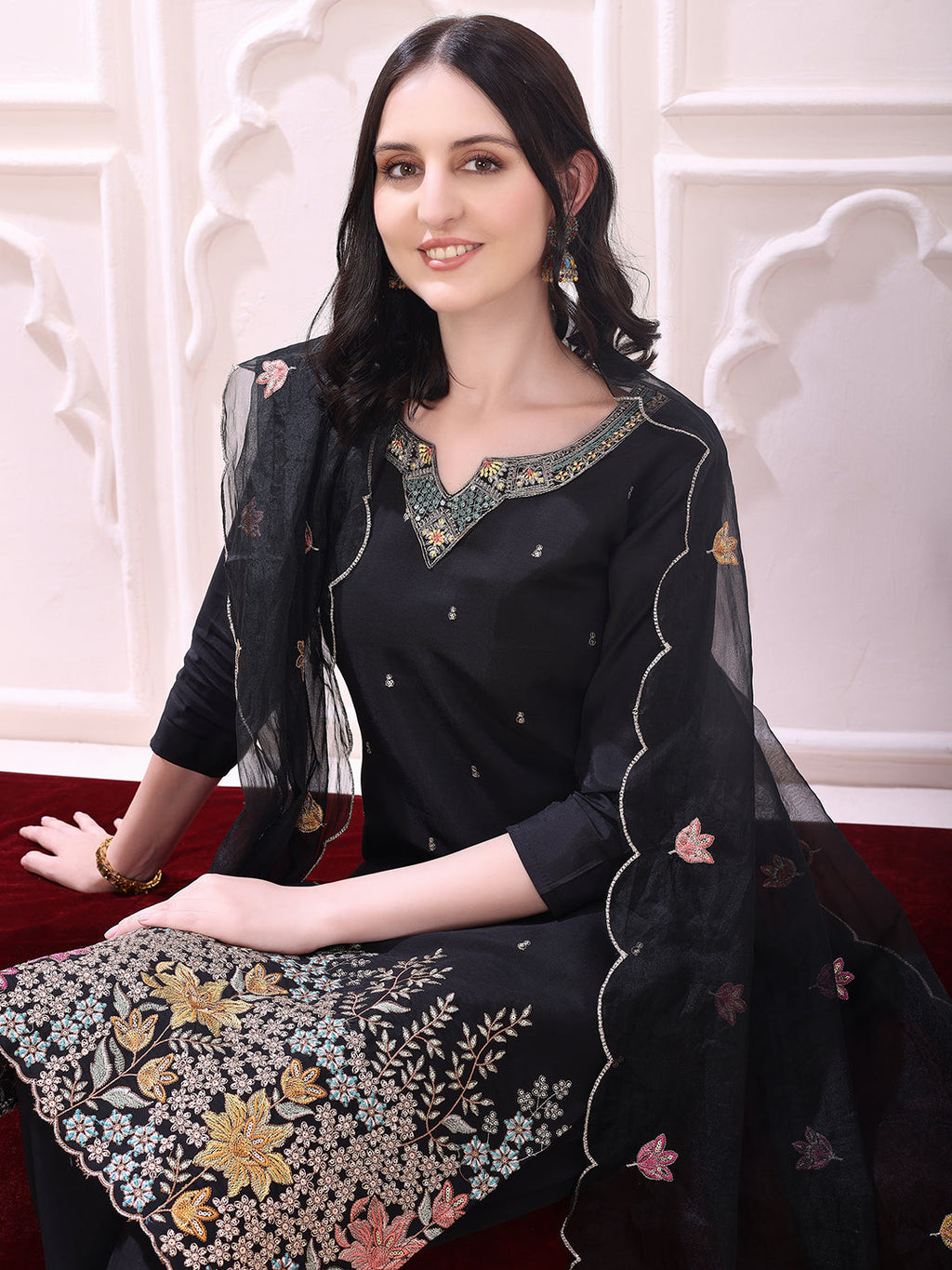 Sequinned & Thread Embroidered Kurta With Pant & Embroidered Dupatta, Black - Hiral Fashion | Grocsy