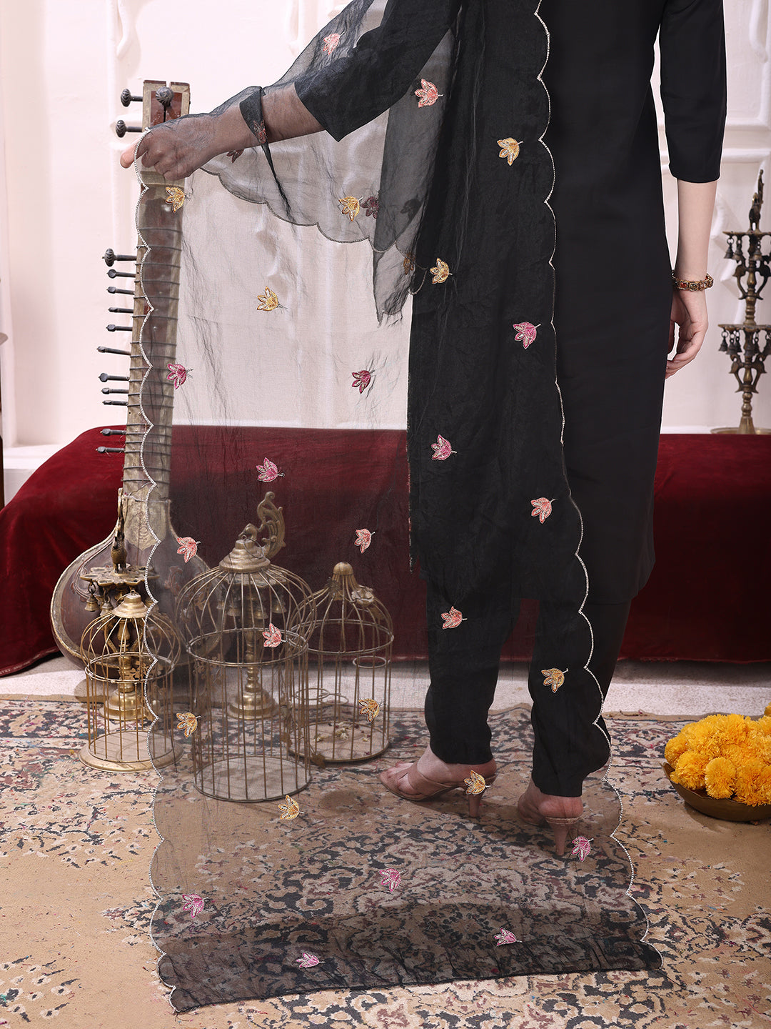 Sequinned & Thread Embroidered Kurta With Pant & Embroidered Dupatta, Black - Hiral Fashion | Grocsy