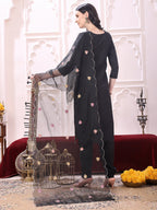 Sequinned & Thread Embroidered Kurta With Pant & Embroidered Dupatta, Black - Hiral Fashion | Grocsy