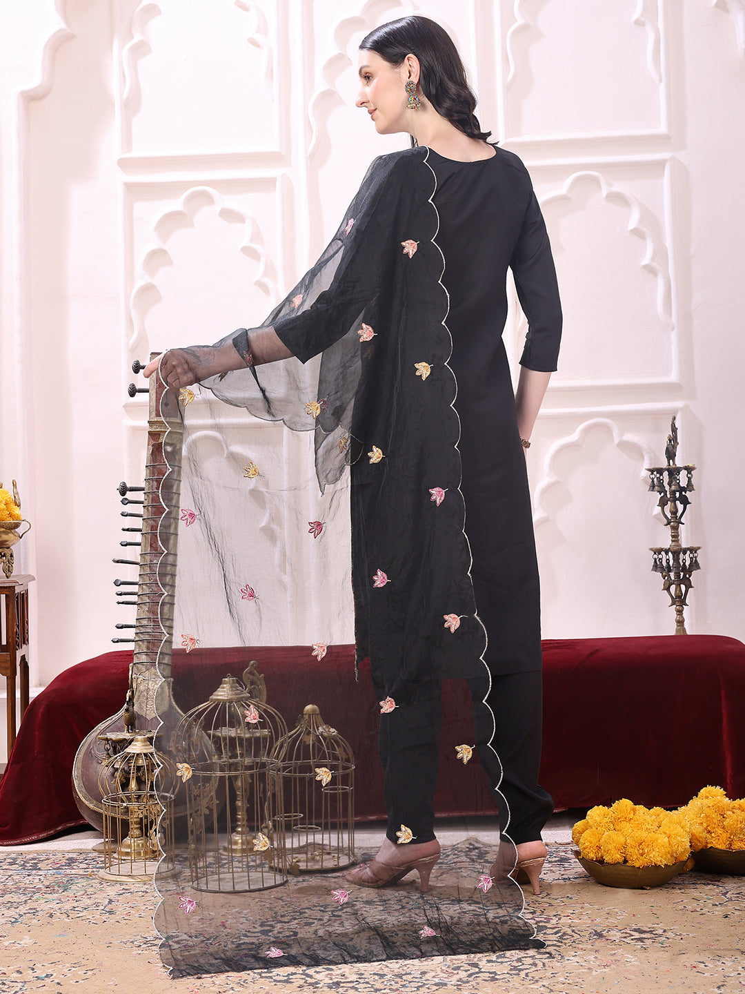 Sequinned & Thread Embroidered Kurta With Pant & Embroidered Dupatta, Black - Hiral Fashion | Grocsy