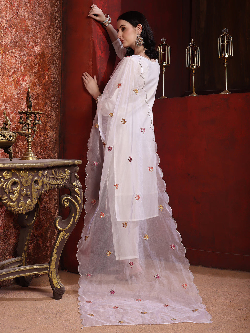 Sequinned & Thread Embroidered Kurta With Pant & Embroidered Dupatta, White - Hiral Fashion | Grocsy