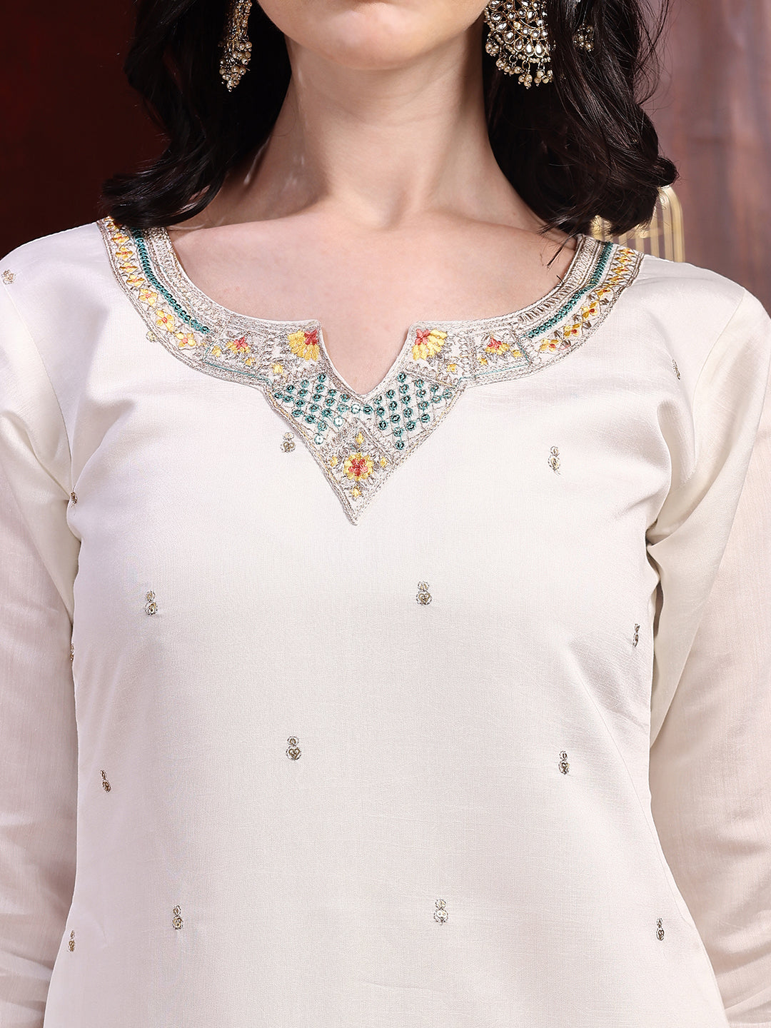 Sequinned & Thread Embroidered Kurta With Pant & Embroidered Dupatta, White - Hiral Fashion | Grocsy