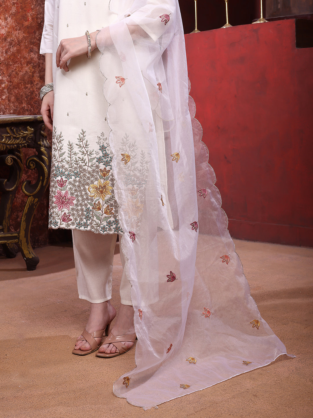 Sequinned & Thread Embroidered Kurta With Pant & Embroidered Dupatta, White - Hiral Fashion | Grocsy