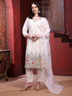 Sequinned & Thread Embroidered Kurta With Pant & Embroidered Dupatta, White - Hiral Fashion | Grocsy