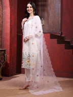 Sequinned & Thread Embroidered Kurta With Pant & Embroidered Dupatta, White - Hiral Fashion | Grocsy