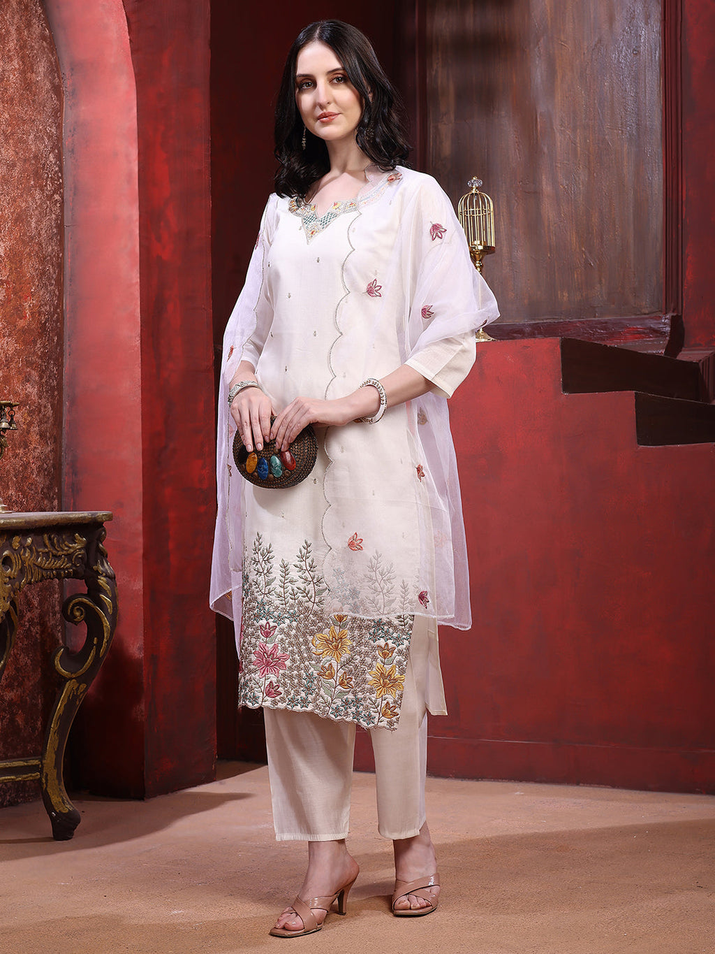 Sequinned & Thread Embroidered Kurta With Pant & Embroidered Dupatta, White - Hiral Fashion | Grocsy