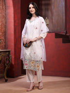 Sequinned & Thread Embroidered Kurta With Pant & Embroidered Dupatta, White - Hiral Fashion | Grocsy