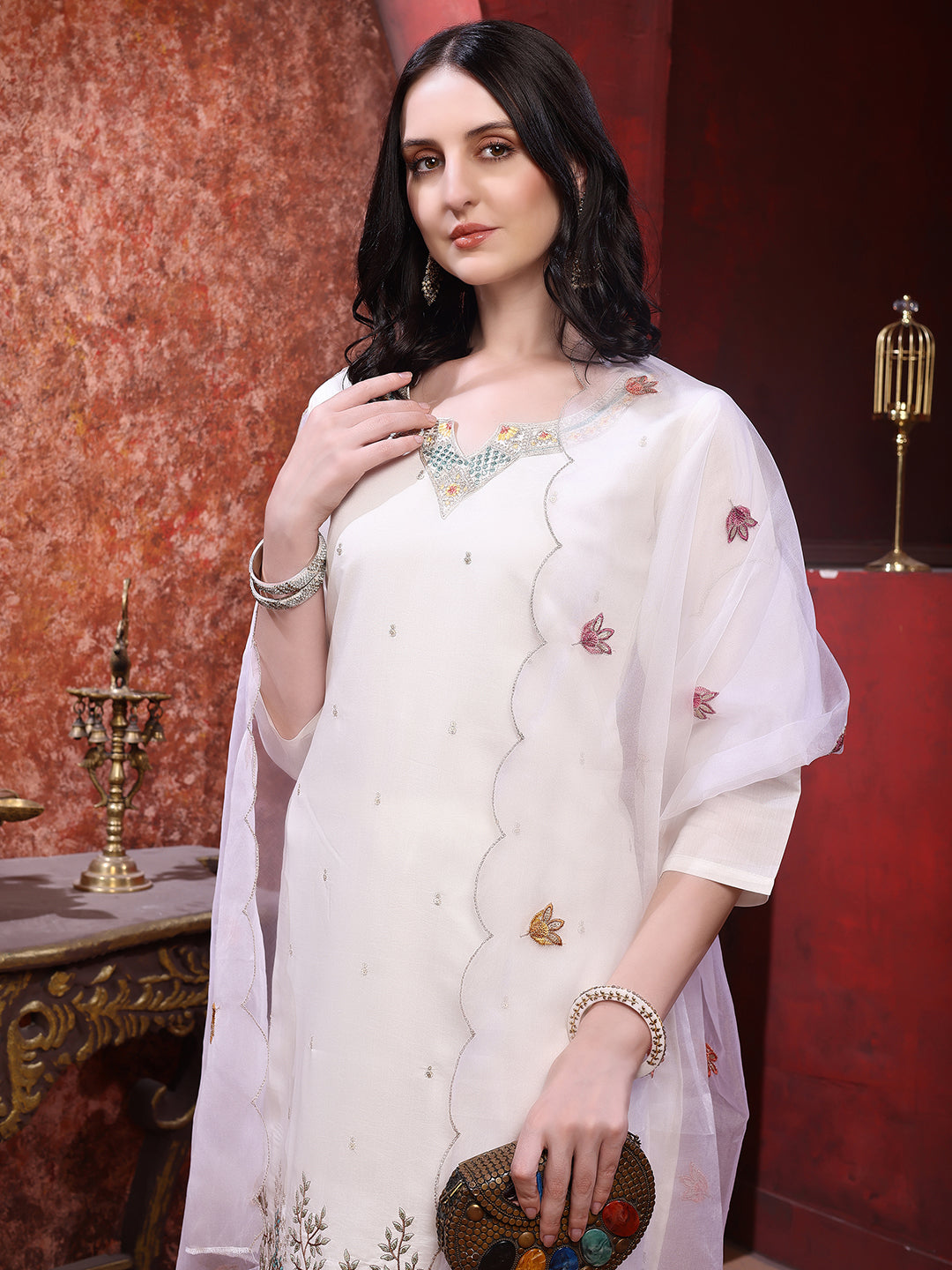Sequinned & Thread Embroidered Kurta With Pant & Embroidered Dupatta, White - Hiral Fashion | Grocsy