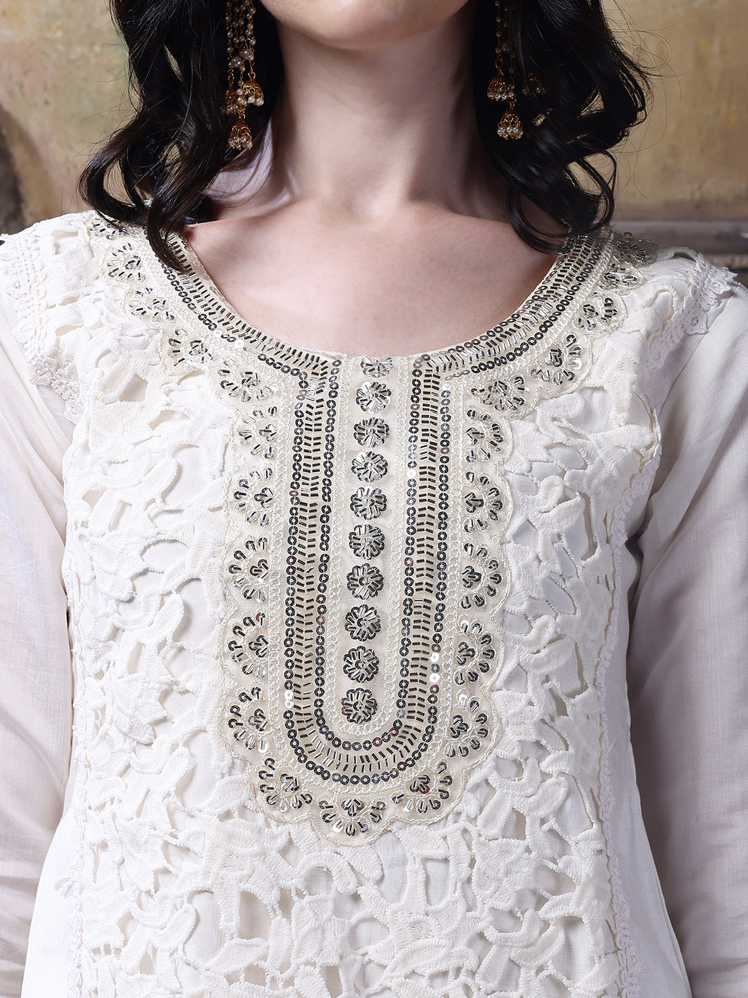 Applique Embroidered Kurta With Pant & Embroidered Dupatta, Cream - Hiral Fashion | Grocsy